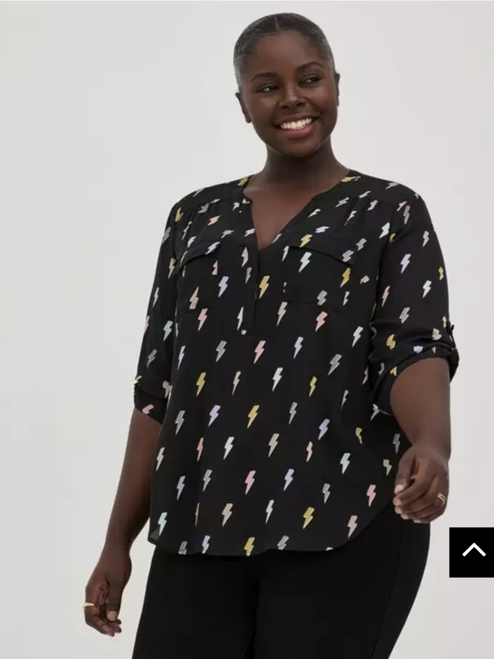torrid Black Lightning Bolt V-Neck Blouse with Pastel Print